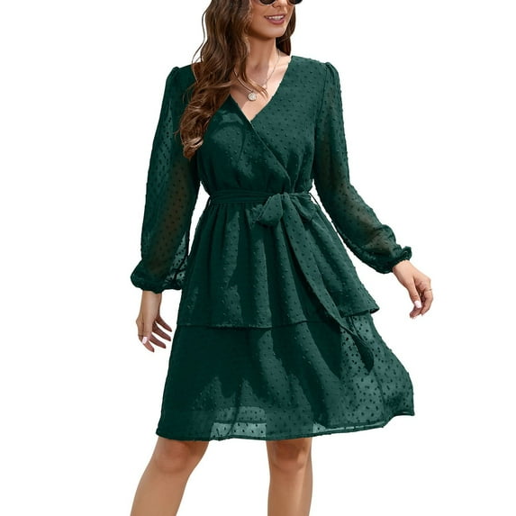 Jdlsppl Women's Long Sleeve Dresses Holiday Sundress Fall Midi Casual High Waist V Neck Chiffon Summer Dress Dark Green 4-6