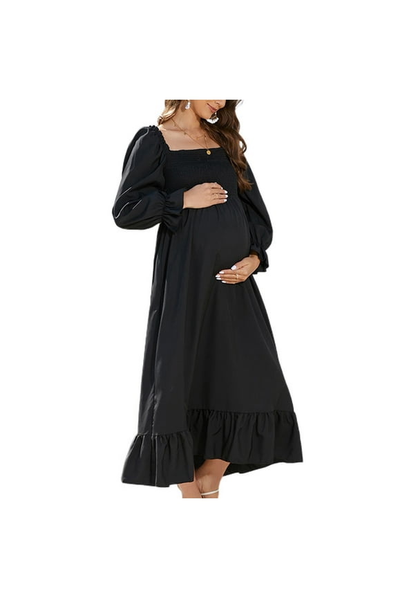 Jdlsppl Women's Long Sleeve Dresses Maternity Dress Long Ruched High Waist Summer Cute Fit And Flare Dress Black Large