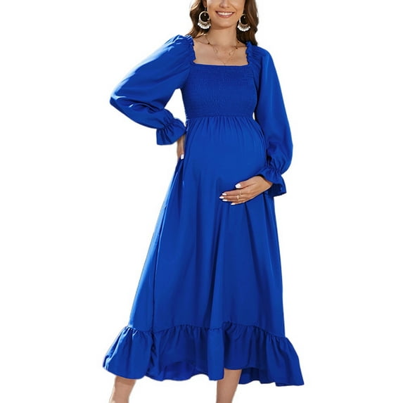 Jdlsppl Women's Long Sleeve Dresses Maternity Dress Long Ruched High Waist Summer Cute Fit And Flare Dress Blue Medium