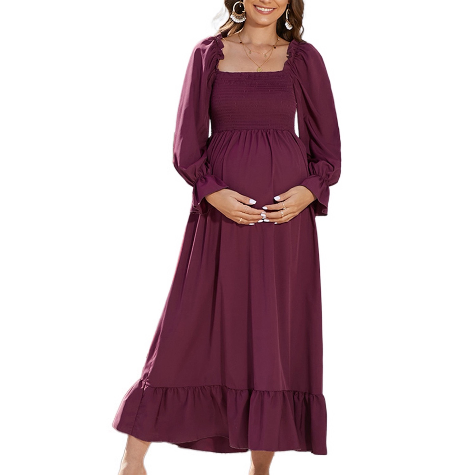burgundy puffy prom dress Burgundy Velvet Long Prom Gowns with Puffy Sleeves – loveangeldress main image 1