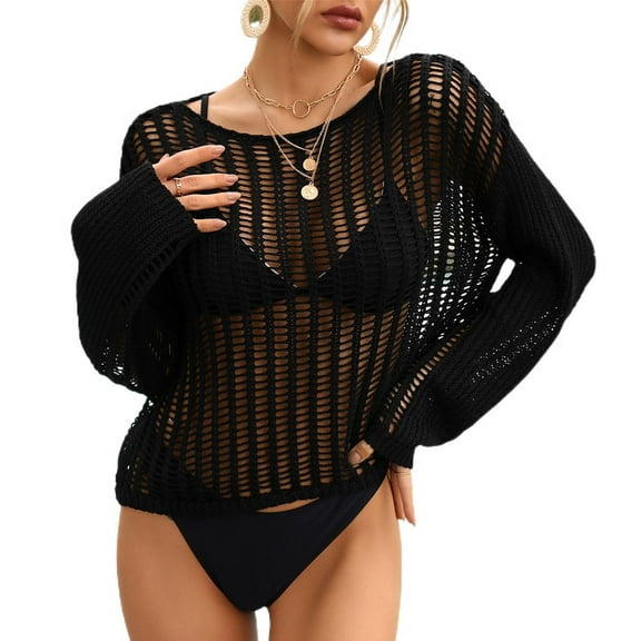Jdlsppl Women's Long Sleeve Fishnet Shirt Crochet Cover Up Lightweight Knitted Beachwear Beach Net Crop Top Sheer Soft Bathing Suit Coverup Black X-Large