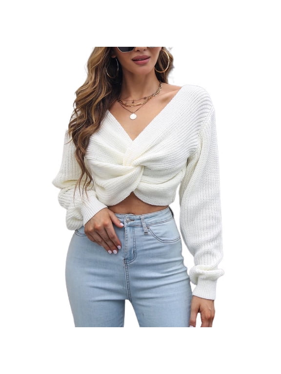 Jdlsppl Women's Long Sleeve Pullover Sweater Twist Knot Knit Crop Top Basic Loose Casual Bishop Sleeve White Small