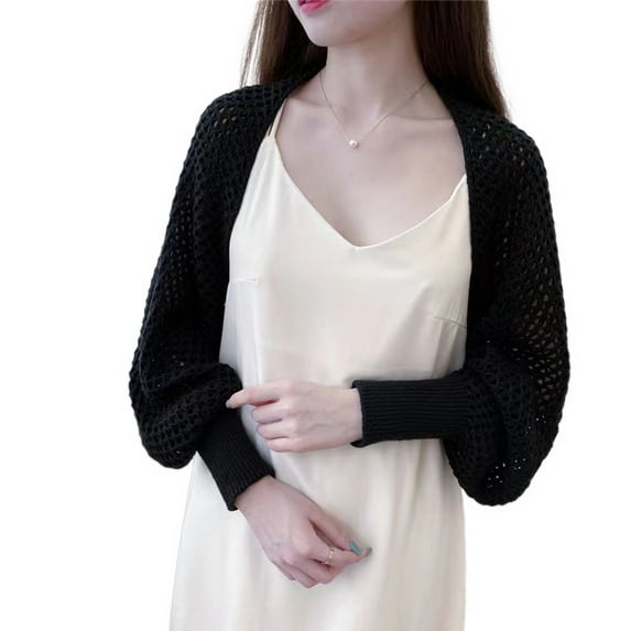 Jdlsppl Women's Long Sleeve Shrug Sweaters Knit Shawl Knitted Bolero Knit Short Top Soft Cutout Cardigan Hollow Out Black One Size