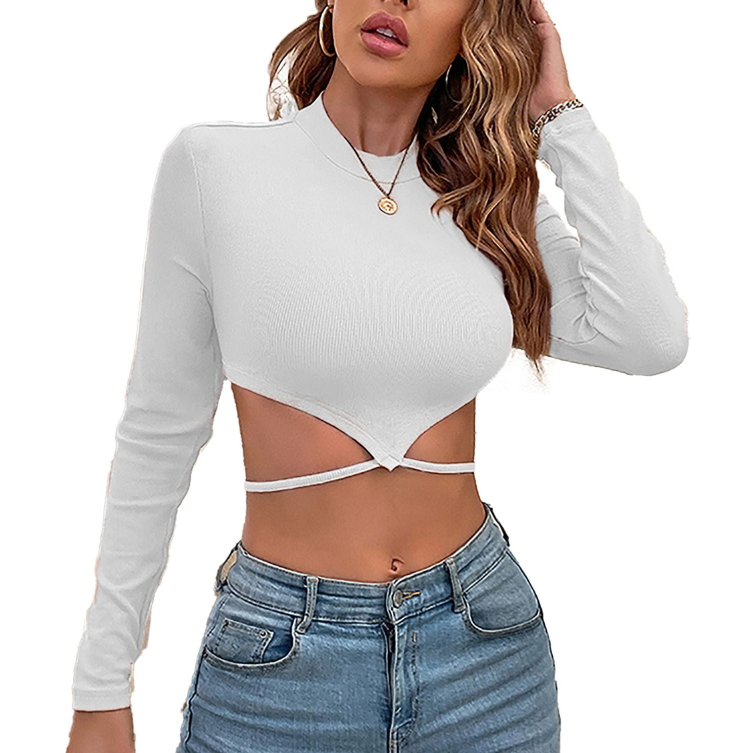SWSMCLT Women's Crop Top Knit Light Ribbed Fitted Belted