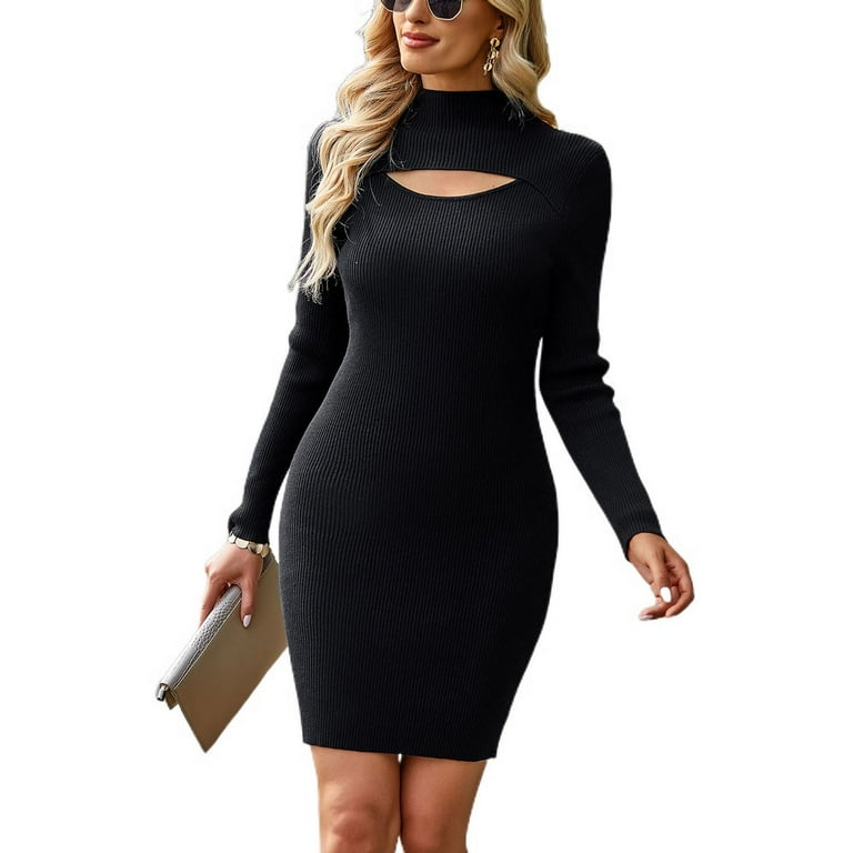 Turtleneck Dress Black Dress With Middle Cut Out Black High Neck