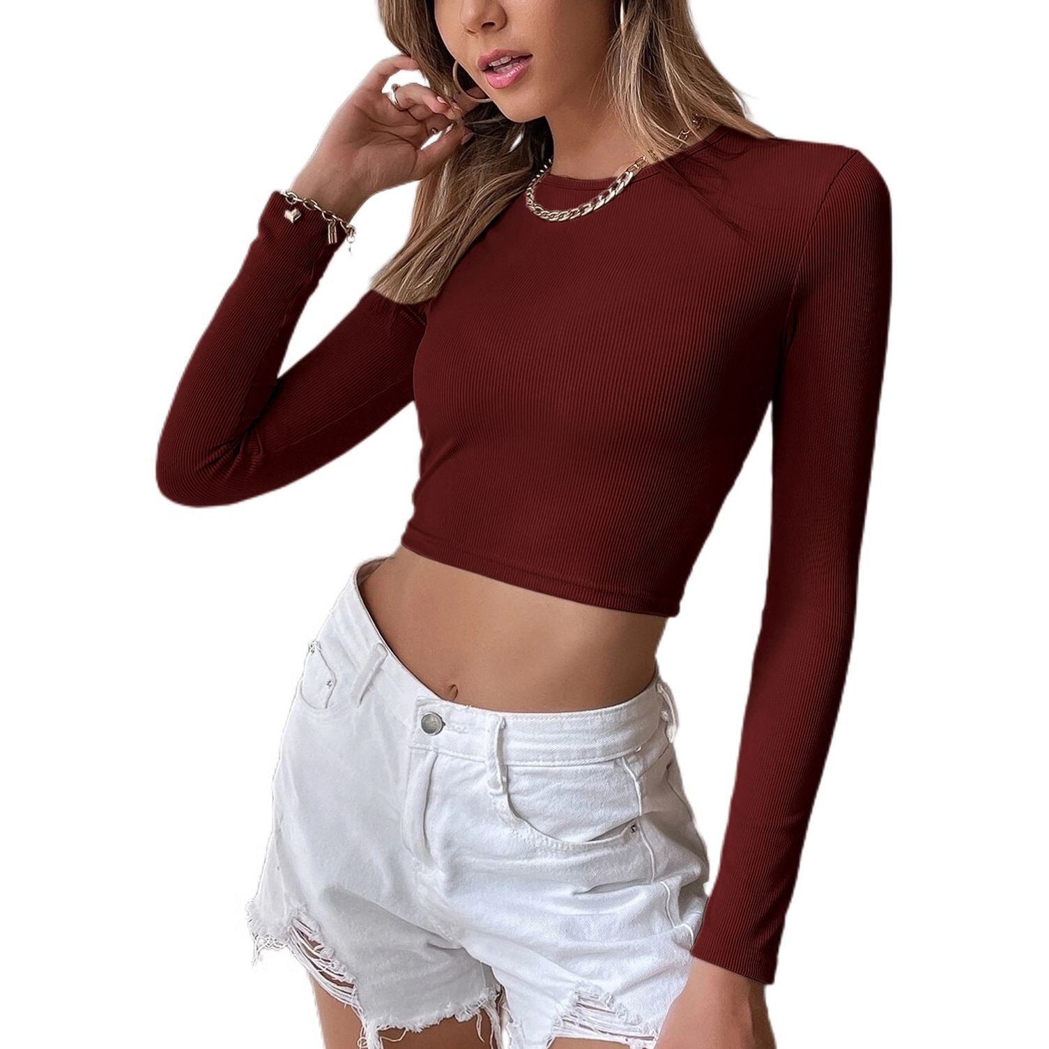 SWSMCLT Women s Sweater Knit Long Sleeve Crop Top Soft Backless Casual Crewneck Winter Cropped Top Ribbed Burgundy Large