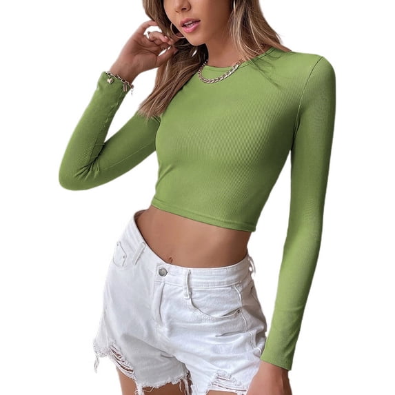 SWSMCLT Women's Sweater Knit Long Sleeve Crop Top Soft Backless Casual Crewneck Winter Cropped Top Ribbed Green Small