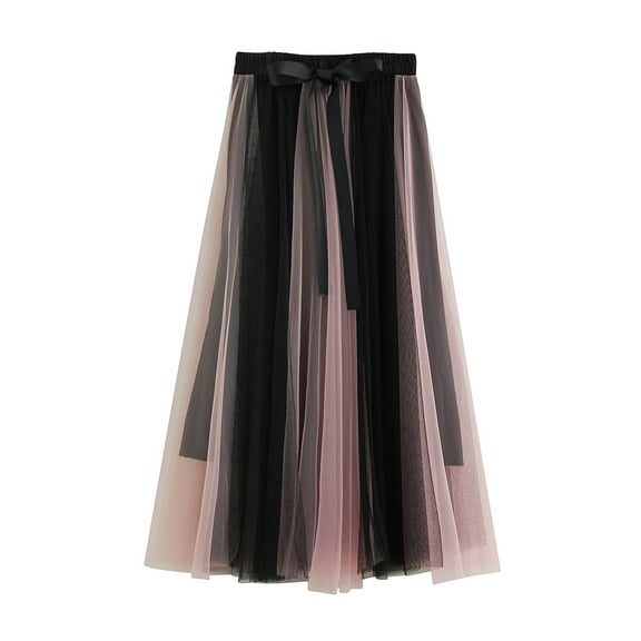 Jdlsppl Women's Long Tulle Skirt Cute Pastel Mesh Casual Fashion Elastic Waist Flowy Layered A Line Summer Pleated Skirts Black Pink One Size