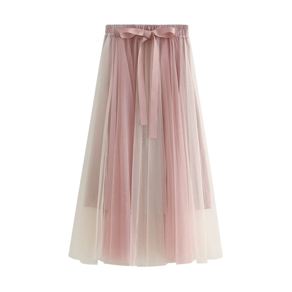 Jdlsppl Women's Long Tulle Skirt Cute Pastel Mesh Casual Fashion Elastic Waist Flowy Layered A Line Summer Pleated Skirts Pink Apricot One Size