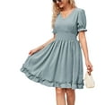 thumbnail image 1 of SWSMCLT Women's Midi Dress Casual Dresses Summer Ruffle Swing Dress Cute Ruched Puff Sleeve Short Sleeve Blue Small, 1 of 4