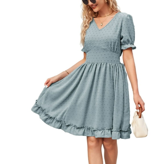 SWSMCLT Women's Midi Dress Casual Dresses Summer Ruffle Swing Dress Cute Ruched Puff Sleeve Short Sleeve Blue Small