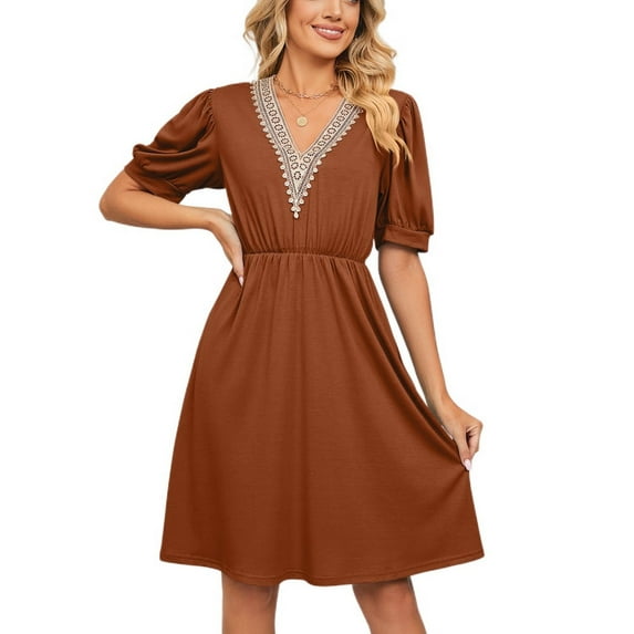 Jdlsppl Women's Midi Dress Short Sleeve Dresses Summer Party Ruched V Neck Fall High Waist Vintage A Line Dress Brown Large