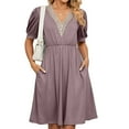 thumbnail image 1 of Jdlsppl Women's Midi Dress Short Sleeve Dresses Summer Party Ruched V Neck Fall High Waist Vintage A Line Dress Purple X-Large, 1 of 4