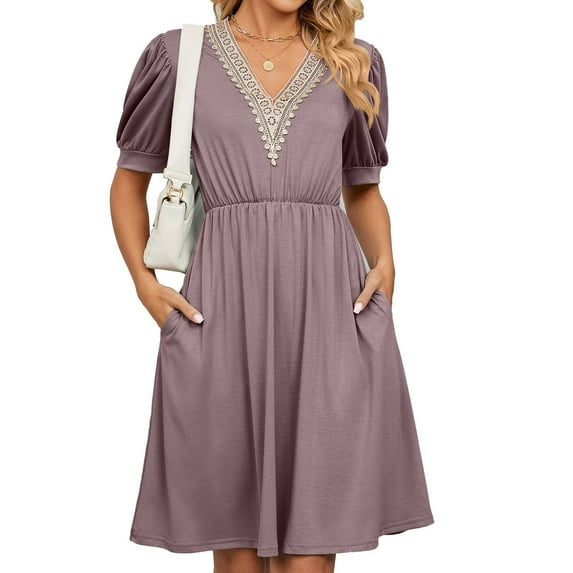 Jdlsppl Women's Midi Dress Short Sleeve Dresses Summer Party Ruched V Neck Fall High Waist Vintage A Line Dress Purple X-Large