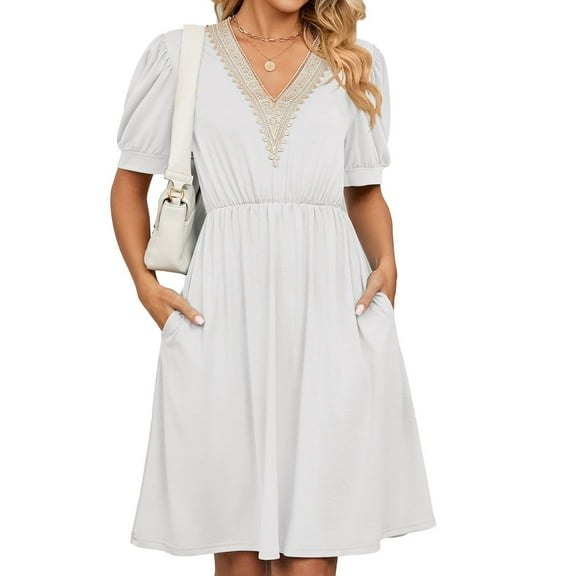 Jdlsppl Women's Midi Dress Short Sleeve Dresses Summer Party Ruched V Neck Fall High Waist Vintage A Line Dress White Medium