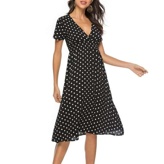 SWSMCLT Women's Short Sleeve Floral Printed Midi Dresses V Neck Dress Fall Ruched Cute Beach Vintage Holiday Dinner Black White XX-Large