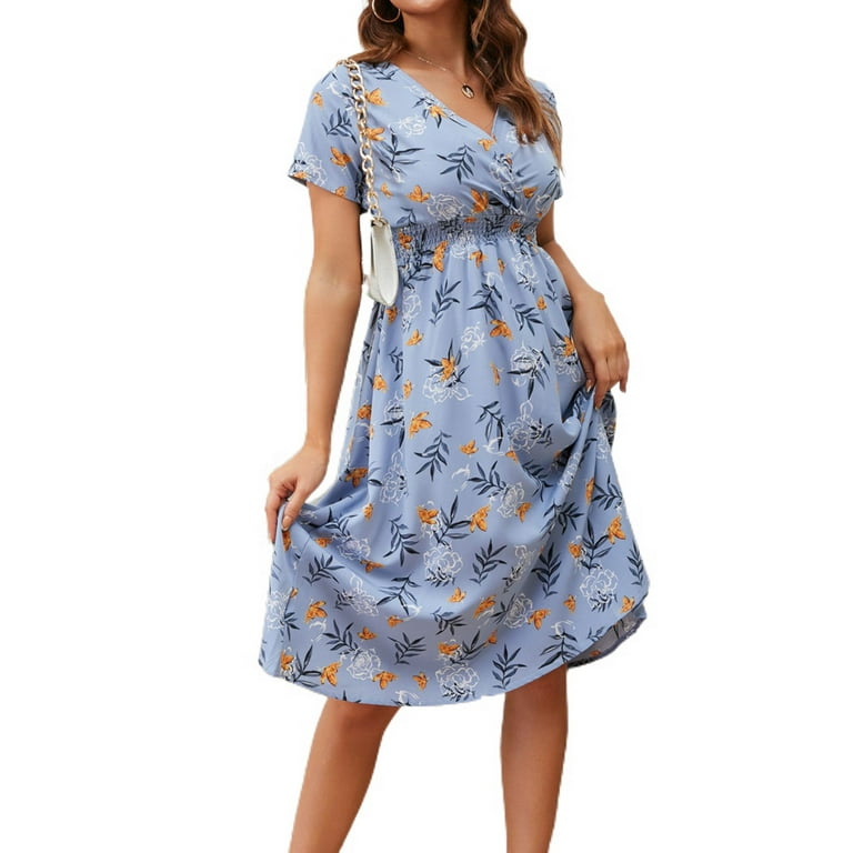 V-Neck Short-Sleeved High-Waist Mid A-Line Dress V-Neck Short-Sleeved High-Waist Mid A-Line Dress
