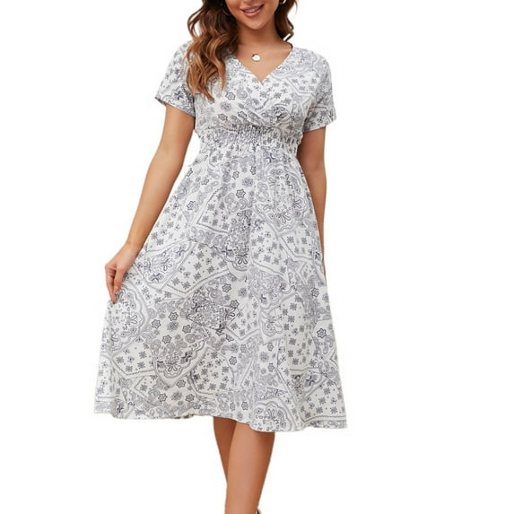 SWSMCLT Women's Short Sleeve Floral Printed Midi Dresses V Neck Dress Fall Ruched Cute Beach Vintage Holiday Dinner White Flower Large