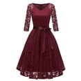 thumbnail image 1 of Jdlsppl Women's Midi Lace Dress V Neck Short Illusion Quarter Sleeve Swing Flowy Billowy Pleated Overlay Luxury Formal Dinner Evening Cocktail Party Homecoming Skater Dress Burgundy Small, 1 of 3