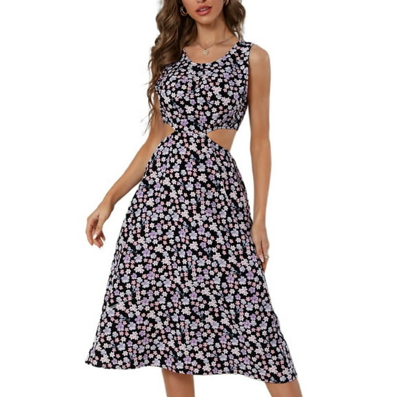 Jdlsppl Women's Midi Sleeveless Dresses Cut-out Party Sundress Floral Sexy Holiday Casual Summer A Line Chiffon Fitted Spring Dress Black Medium