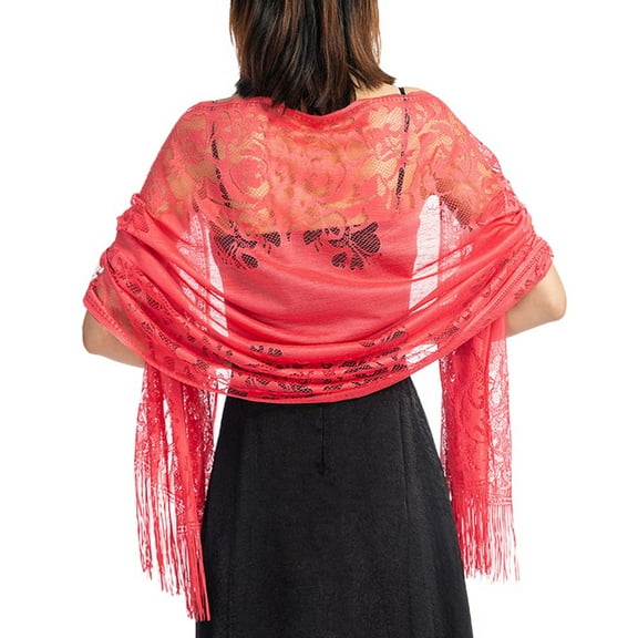 Jdlsppl Women's Pashmina Shawls and Wraps for Evening Dresses Boho Gypsy Head Scarf Fancy Elegant Lace Crochet Mesh Wedding Bridal Banquet Formal Pashmina Scarf with Fringe Coral One Size