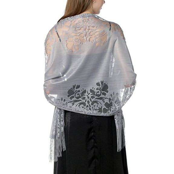 Jdlsppl Women's Pashmina Shawls and Wraps for Evening Dresses Boho Gypsy Head Scarf Fancy Elegant Lace Crochet Mesh Wedding Bridal Banquet Formal Pashmina Scarf with Fringe Grey One Size