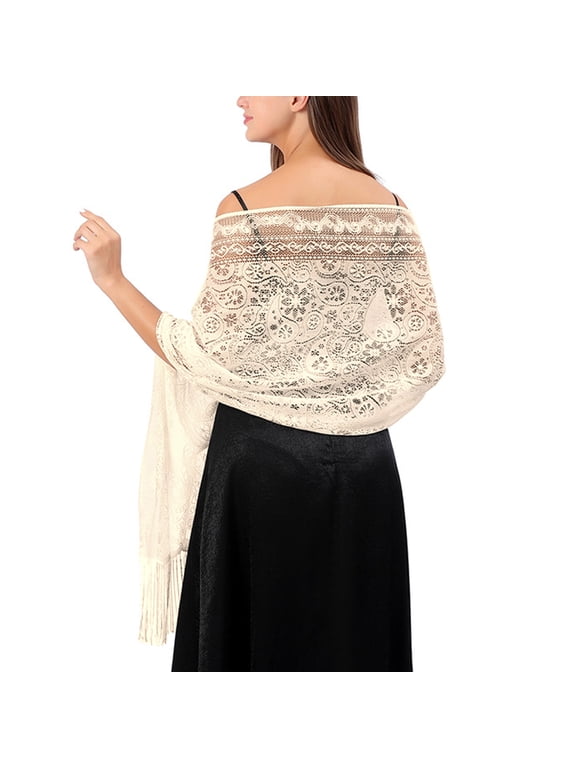 Jdlsppl Women's Pashmina Shawls and Wraps for Evening Dresses Boho Gypsy Head Scarf Fancy Elegant Lace Crochet Mesh Wedding Bridal Banquet Formal Pashmina Scarf with Fringe Beige1 One Size