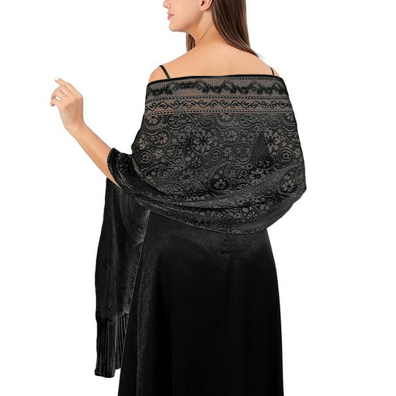 Jdlsppl Women's Pashmina Shawls and Wraps for Evening Dresses Boho Gypsy Head Scarf Fancy Elegant Lace Crochet Mesh Wedding Bridal Banquet Formal Pashmina Scarf with Fringe Black1 One Size