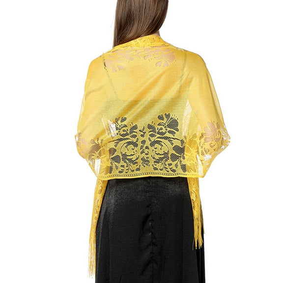 Jdlsppl Women's Pashmina Shawls and Wraps for Evening Dresses Boho Gypsy Head Scarf Fancy Elegant Lace Crochet Mesh Wedding Bridal Banquet Formal Pashmina Scarf with Fringe Yellow One Size