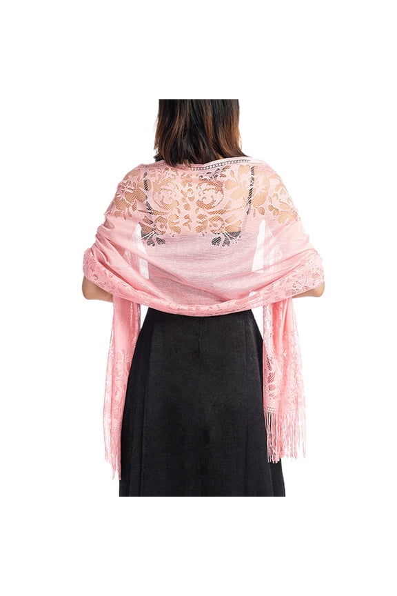 Jdlsppl Women's Pashmina Shawls and Wraps for Evening Dresses Boho Gypsy Head Scarf Fancy Elegant Lace Crochet Mesh Wedding Bridal Banquet Formal Pashmina Scarf with Fringe Pink One Size