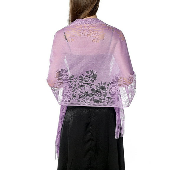 Jdlsppl Women's Pashmina Shawls and Wraps for Evening Dresses Boho Gypsy Head Scarf Fancy Elegant Lace Crochet Mesh Wedding Bridal Banquet Formal Pashmina Scarf with Fringe Light Purple One Size