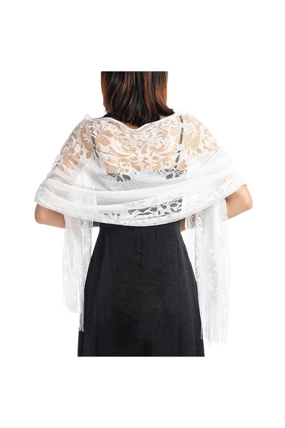 Jdlsppl Women's Pashmina Shawls and Wraps for Evening Dresses Boho Gypsy Head Scarf Fancy Elegant Lace Crochet Mesh Wedding Bridal Banquet Formal Pashmina Scarf with Fringe White One Size