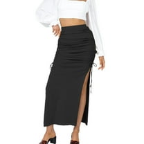 Jdlsppl Women's Pleated Bodycon Skirt High Waisted Long Drawstring Knit Side Slit Midi Tean Length Black 4-6