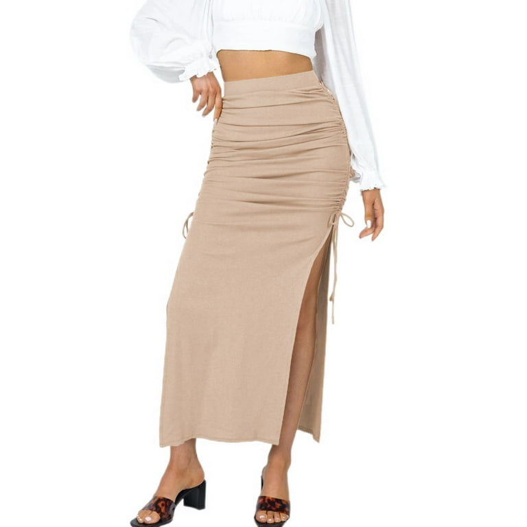 Jdlsppl Women s Pleated Bodycon Skirt High Waisted Long Drawstring Knit Side Slit Midi Tean Length Cream 8 Walmart