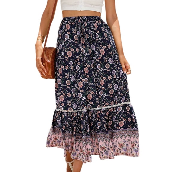 Jdlsppl Women's Pleated Skirt Beach Boho A Line Ruffle Peasant Calf Length Elastic Waist Winter Casual Basic Dark Blue X-Large
