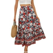 SWSMCLT Jdlsppl Women's Pleated Skirt Beach Boho A Line Ruffle Peasant Calf Length Elastic Waist Winter Casual Basic Red Large