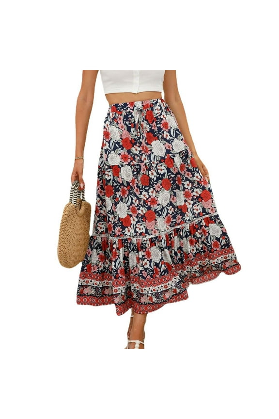 Jdlsppl Women's Pleated Skirt Beach Boho A Line Ruffle Peasant Calf Length Elastic Waist Winter Casual Basic Red Medium