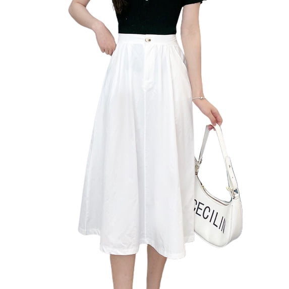 Jdlsppl Women's Pleated Skirt Flowy Mid-Length High Waist Elegant Casual Summer Fitted Pockets Fashion White X-Small-Large