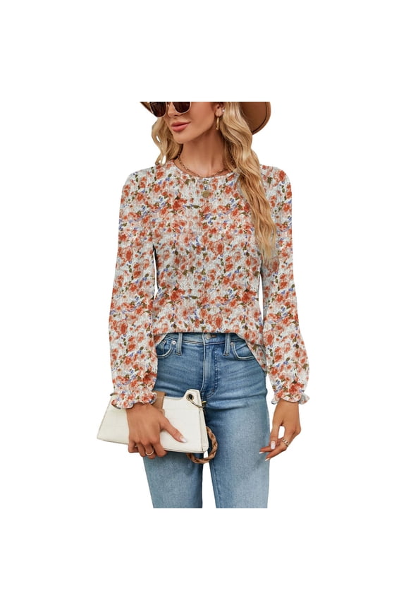 Women's Puff Sleeve Blouse Elegant Bishop Sleeve Ruffle Shirt Soft Floral Printed Peasant Long Sleeve Orange Medium