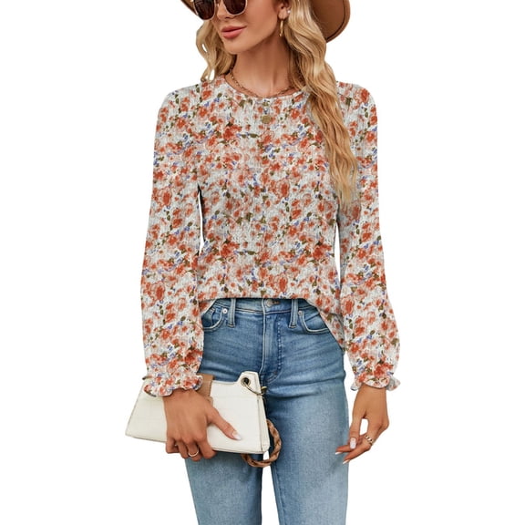SWSMCLT Women's Puff Sleeve Blouse Elegant Bishop Sleeve Ruffle Shirt Soft Floral Printed Peasant Long Sleeve Orange Medium