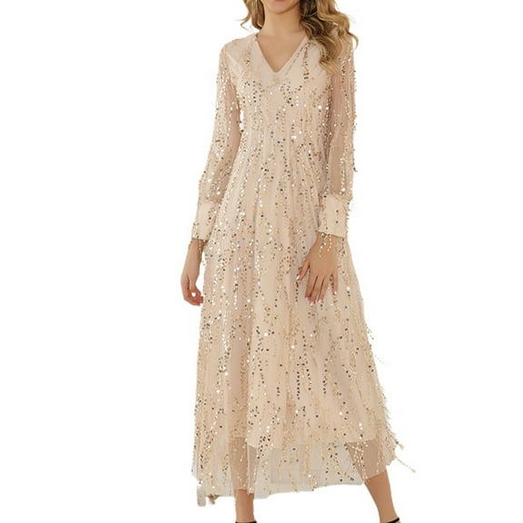 Jdlsppl Women's Sequins Dresses Long Sleeve Evening Gown Mesh Date Night Fringed Elastic Waist V Neck Apricot XX-Large