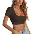 thumbnail image 1 of Jdlsppl Women's Sexy Shirt Crop T Shirt Short Sleeve Square Neck Fashion Soft Summer Spring Cool Basic Top Brown Large, 1 of 4