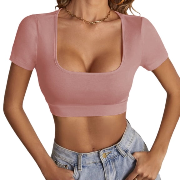 Jdlsppl Women's Sexy Shirt Crop T Shirt Short Sleeve Square Neck Fashion Soft Summer Spring Cool Basic Top Pink Medium