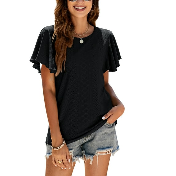 SWSMCLT Women's Summer Cool Crew Neck Ruffle Short Flutter Sleeve Shirt Soft Hollow Out T Shirt Fashion Comfy Casual Top Black Medium