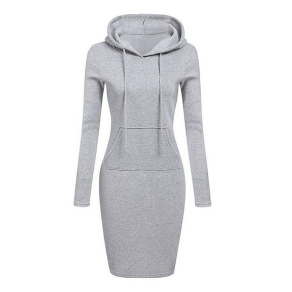 SWSMCLT Women's Short Hooded Warm Fleece Long Sleeve Sweatshirt Dress Casual Fashion Spring Soft Warm Pocket Hoodie Dress Light Grey 0-2