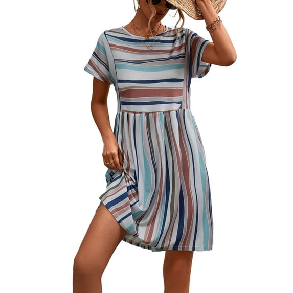 Jdlsppl Women's Short Sleeve Dress Sundress Ruched Vintage Stripe Printed Summer Thin Elegant Dresses Khaki Large