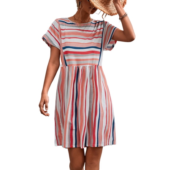 Jdlsppl Women's Short Sleeve Dress Sundress Ruched Vintage Stripe Printed Summer Thin Elegant Dresses Orange Medium