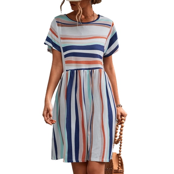 Jdlsppl Women's Short Sleeve Dress Sundress Ruched Vintage Stripe Printed Summer Thin Elegant Dresses Orange White Medium