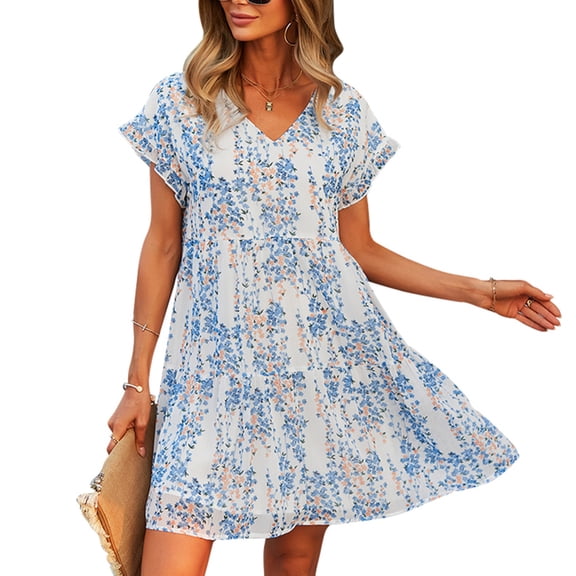 Jdlsppl Women's Short Sleeve Dresses Casual Dress V Neck A Line Short Date Night Holiday Bell Sleeve Sundress White Medium
