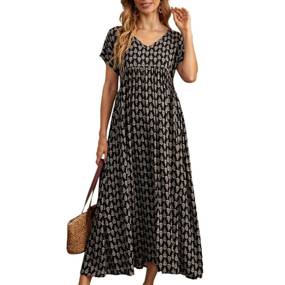 Jdlsppl Women's Short Sleeve Dresses Casual Sundress V Neck Pocket High Waist Holiday Date Night Dress Black 3X-Large